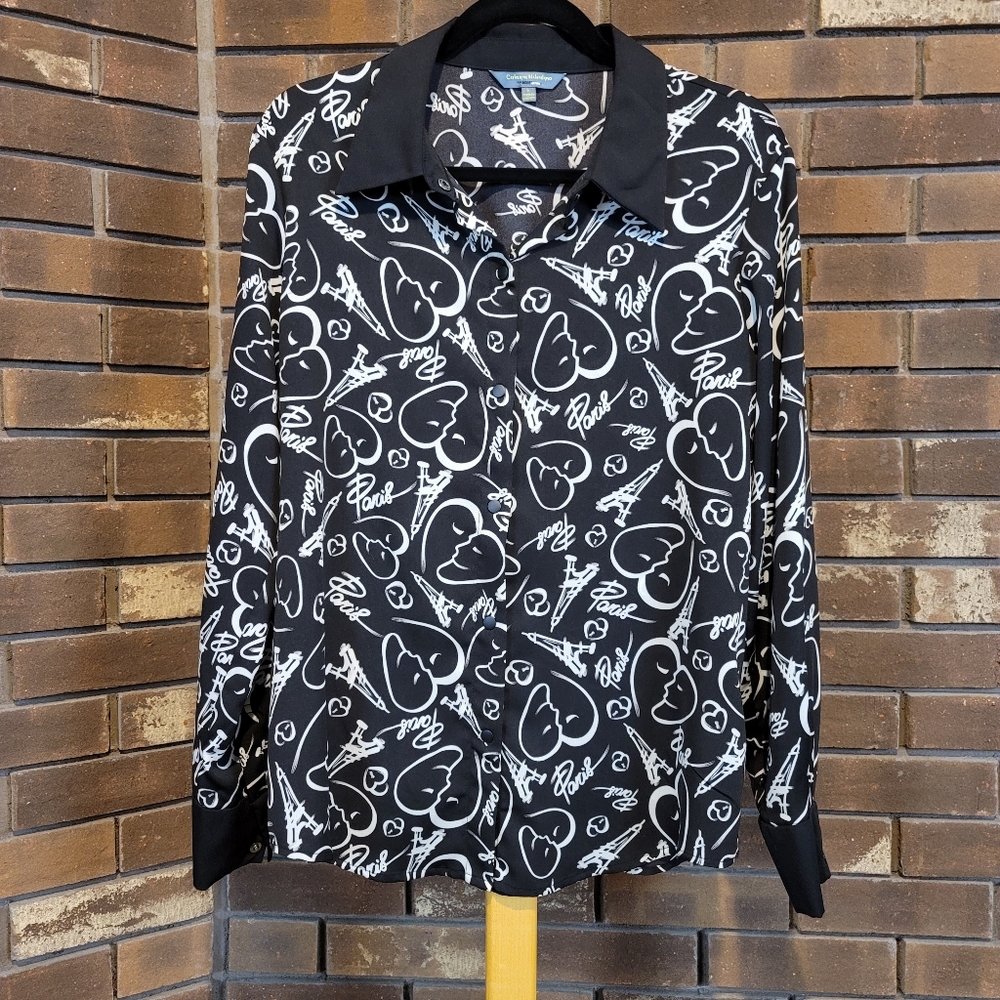 Catherine Malandrino Design Nation stretch Paris print abstract blouse L